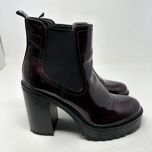 Guess Platform Ankle Boots Dark Red Patent Faux Leather 10M Chunky - Picture 1 of 13
